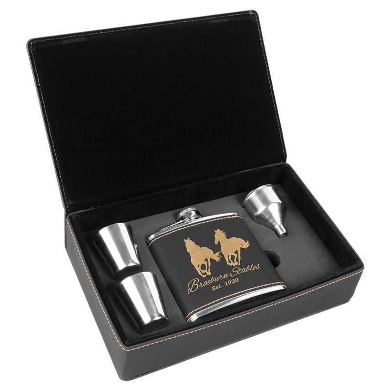 Personalized Black and Gold Flask Gift Box Set