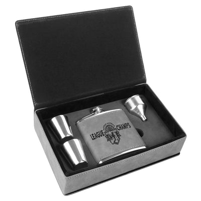 Personalized Gray Leatherette Flask Gift Box Set