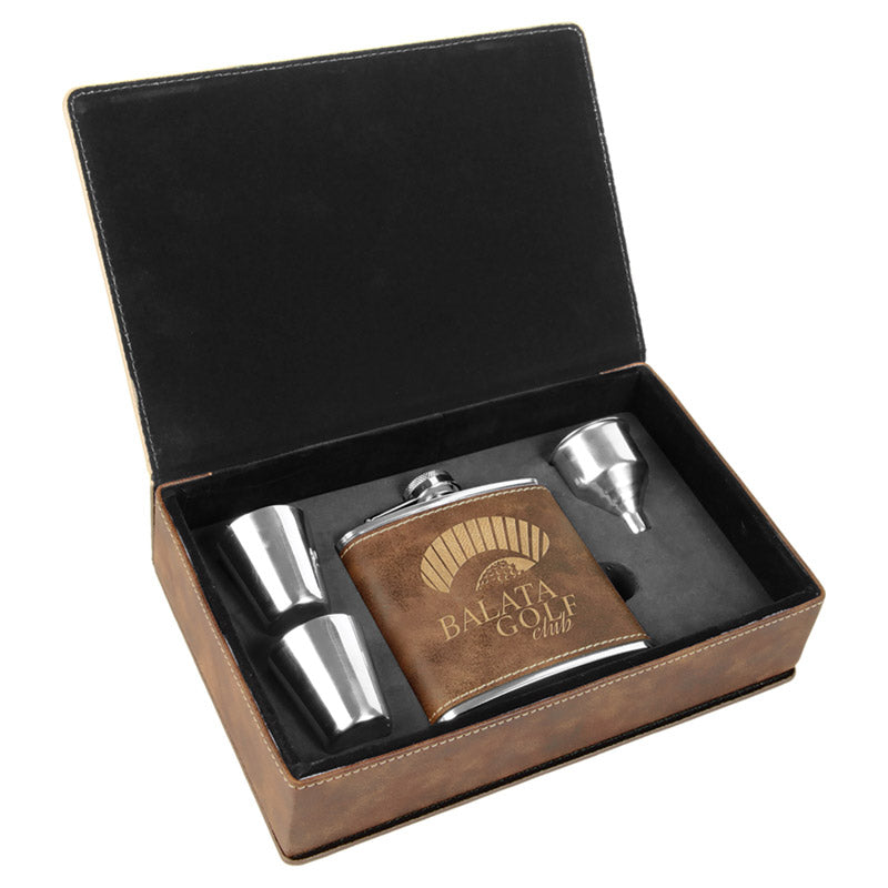 Rustic Leatherette Flask Gift Box Set